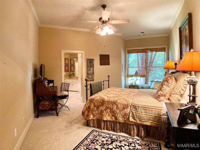 bedroom with light colored carpet, ceiling fan, baseboards, and ornamental molding