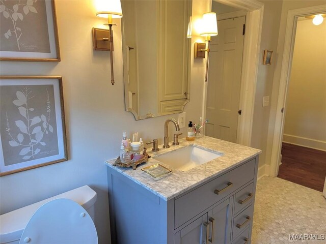 bathroom with toilet, vanity, and hardwood / wood-style floors