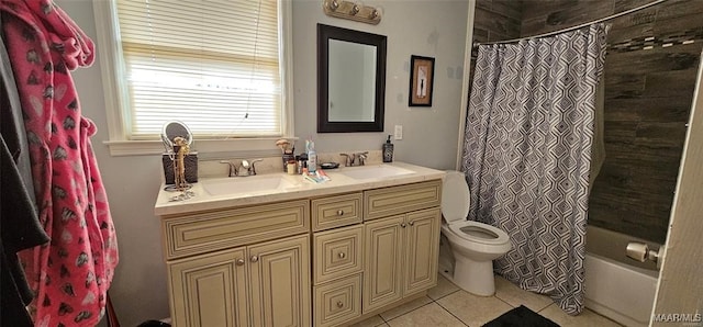 full bathroom featuring shower / bathtub combination with curtain, double vanity, toilet, and tile patterned flooring