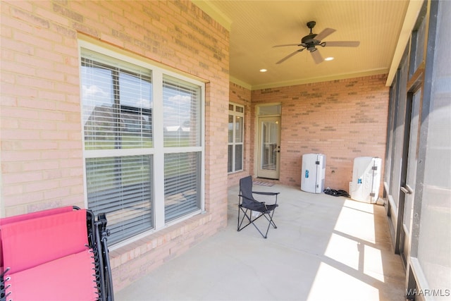 exterior space with ceiling fan