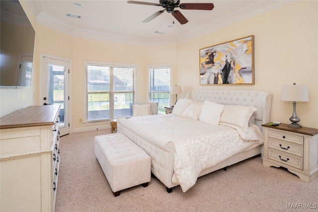 carpeted bedroom with access to outside, ceiling fan, and crown molding