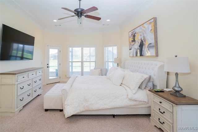 carpeted bedroom featuring ceiling fan, access to exterior, and crown molding