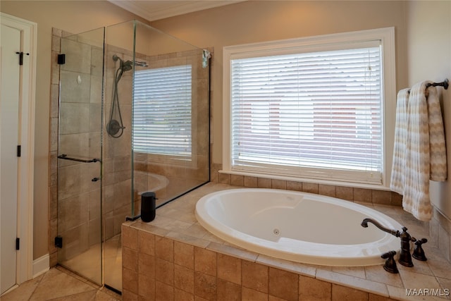 bathroom featuring crown molding, tile patterned floors, a healthy amount of sunlight, and separate shower and tub