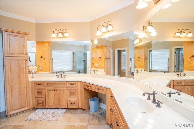 bathroom with ornamental molding, vanity, tile patterned floors, and a shower with shower door