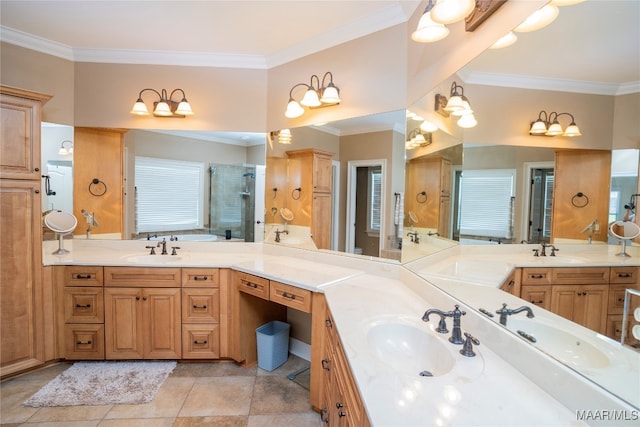 bathroom with shower with separate bathtub, vanity, tile patterned flooring, and ornamental molding