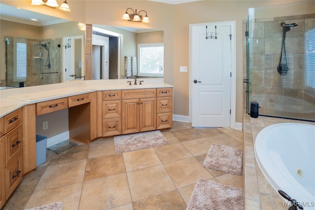 bathroom featuring independent shower and bath, tile patterned flooring, vanity, and crown molding