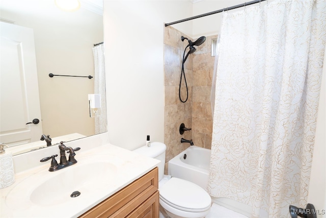 full bathroom with shower / bath combo, vanity, toilet, and crown molding