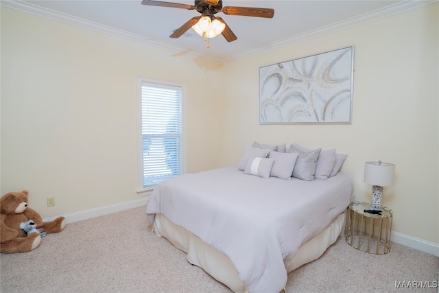 bedroom with ceiling fan, light carpet, and crown molding