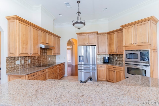 kitchen with stainless steel appliances, tasteful backsplash, ornamental molding, light stone countertops, and decorative light fixtures