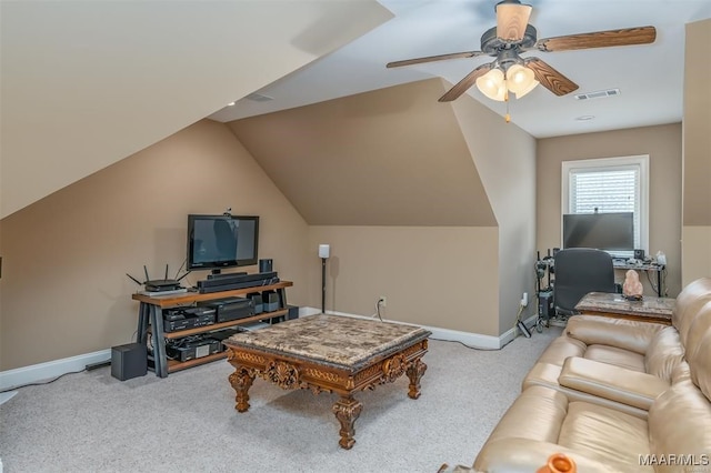 living room with vaulted ceiling, ceiling fan, and carpet floors