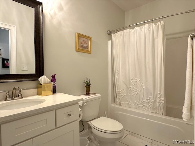 full bathroom with tile patterned flooring, vanity, shower / tub combo with curtain, and toilet