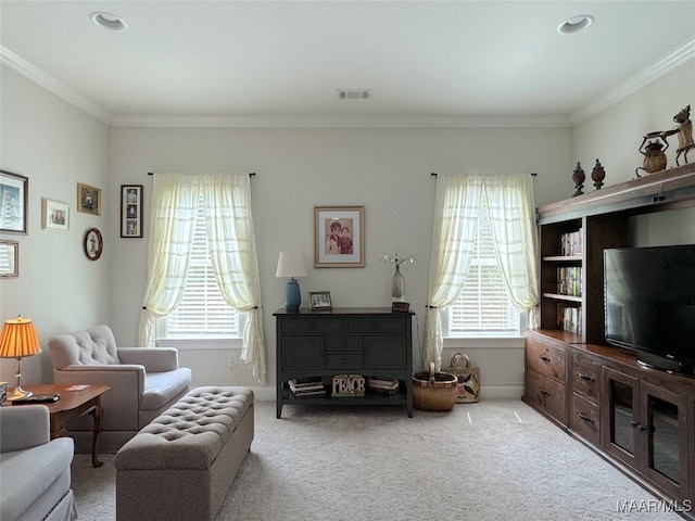 carpeted living room featuring crown molding