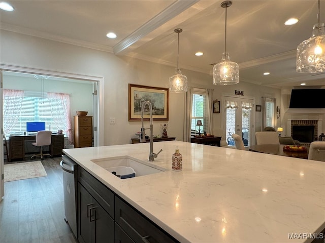 kitchen featuring a fireplace, ornamental molding, a wealth of natural light, and wood-type flooring