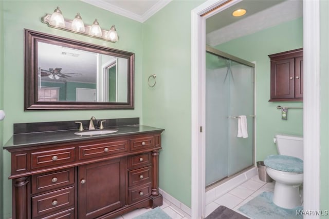 bathroom featuring crown molding, tile patterned flooring, ceiling fan, and a shower with shower door