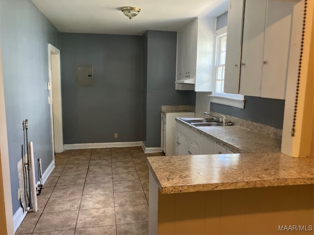 kitchen with tile patterned flooring, white cabinets, electric panel, sink, and kitchen peninsula