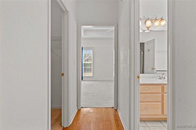 corridor with light colored carpet