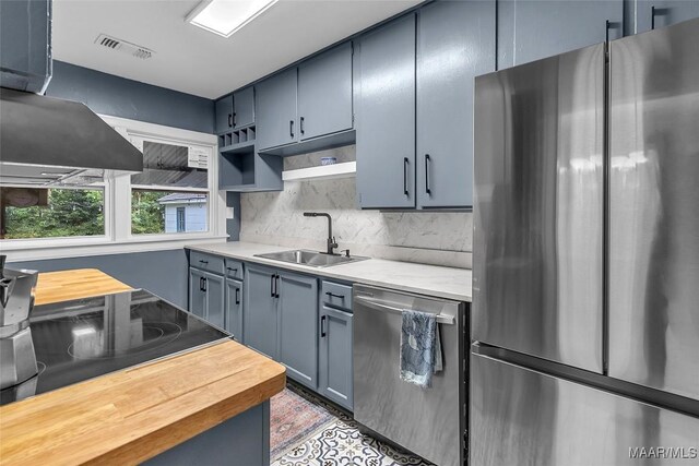 kitchen featuring decorative backsplash, wood counters, wall chimney exhaust hood, sink, and stainless steel appliances