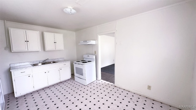 kitchen with white cabinetry, sink, electric range, and light hardwood / wood-style flooring