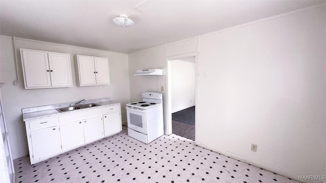 kitchen with white electric stove, white cabinets, light countertops, under cabinet range hood, and a sink