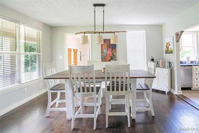 dining space with sink, dark hardwood / wood-style floors, and a textured ceiling