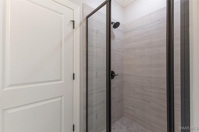 bathroom featuring a shower with shower door