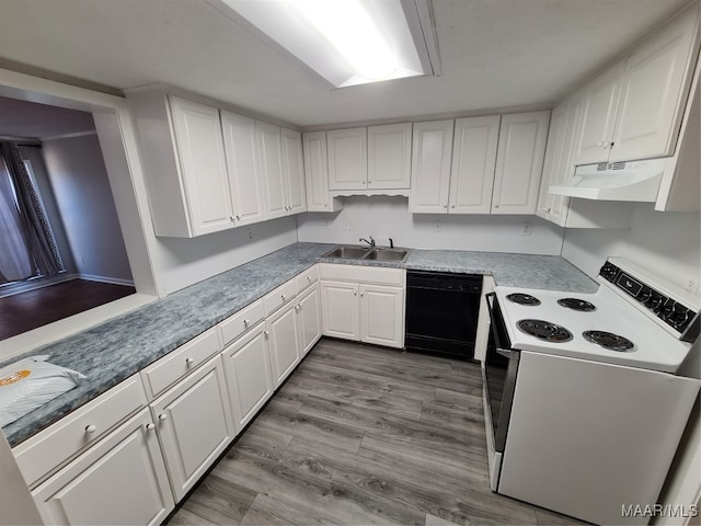 kitchen featuring custom range hood, dishwasher, hardwood / wood-style floors, white cabinetry, and electric stove