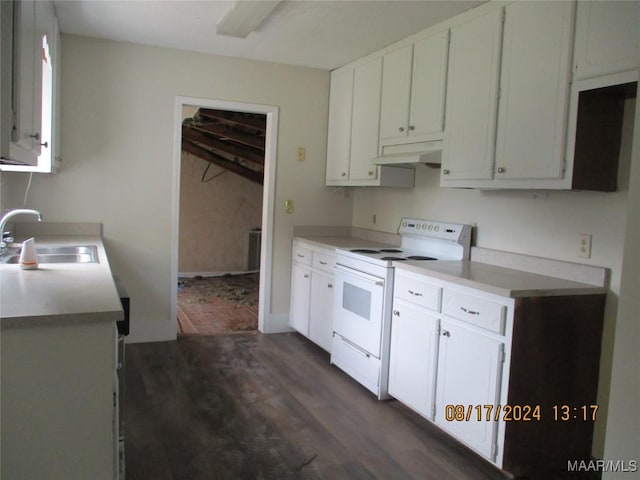 kitchen with white cabinets, sink, and white range with electric stovetop