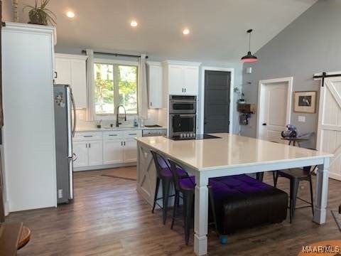 kitchen featuring stainless steel appliances, a barn door, and white cabinets