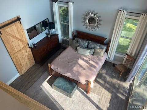 bedroom with dark wood finished floors and a barn door