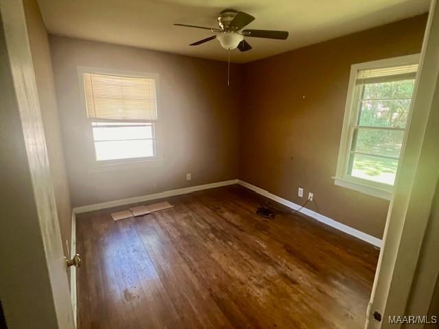 spare room featuring ceiling fan, dark hardwood / wood-style flooring, and a healthy amount of sunlight