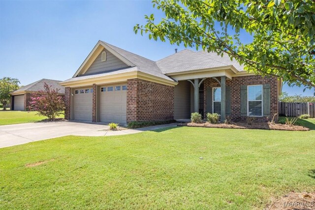 ranch-style house featuring a garage and a front lawn