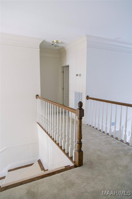 stairs with carpet, visible vents, and crown molding