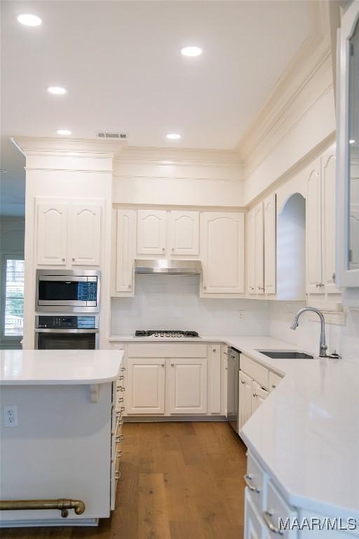 kitchen with under cabinet range hood, crown molding, stainless steel appliances, and a sink