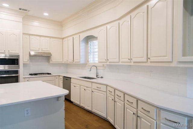 kitchen featuring visible vents, appliances with stainless steel finishes, ornamental molding, a sink, and under cabinet range hood