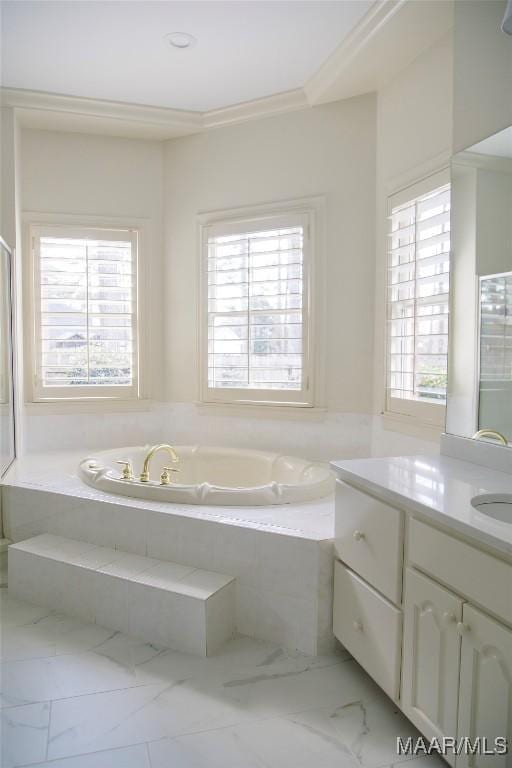 full bath with a bath, marble finish floor, vanity, and crown molding