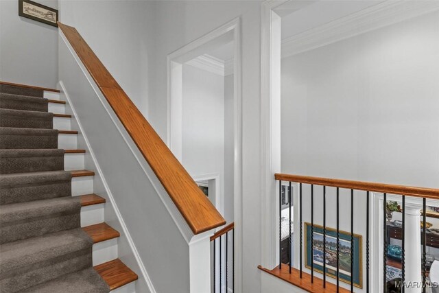 staircase featuring crown molding