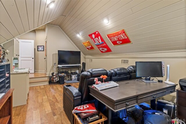 office featuring light hardwood / wood-style flooring, lofted ceiling, and wooden ceiling