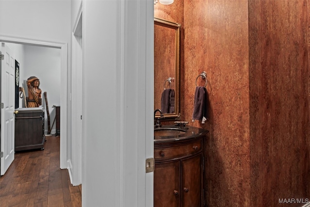 bathroom featuring wood-type flooring and vanity