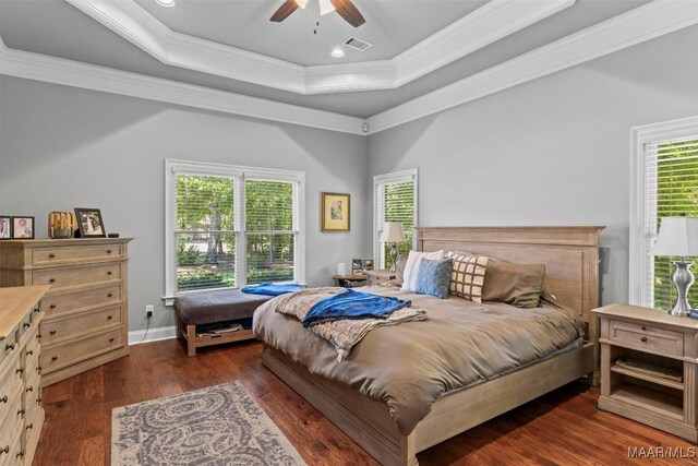 bedroom with multiple windows and dark wood-type flooring