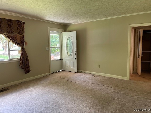 carpeted entrance foyer with a wealth of natural light, ornamental molding, and a textured ceiling