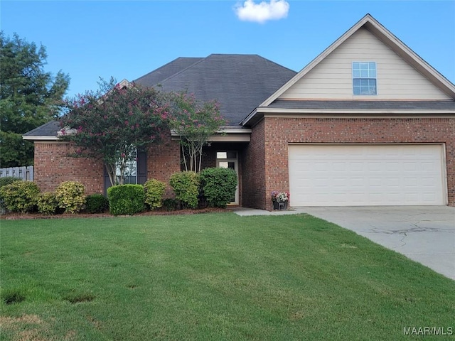 single story home featuring a front yard, brick siding, driveway, and a shingled roof