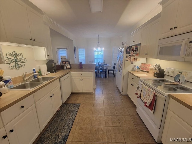 kitchen with white cabinetry, sink, hanging light fixtures, kitchen peninsula, and white appliances