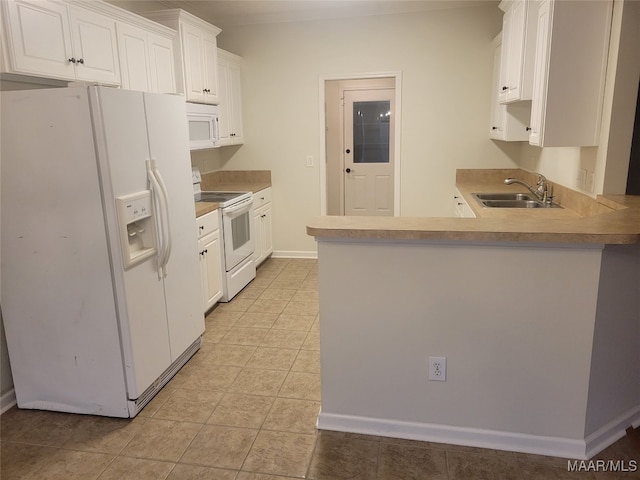 kitchen featuring white cabinets, kitchen peninsula, white appliances, and sink