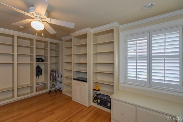 interior space featuring a ceiling fan, crown molding, and light wood-style flooring