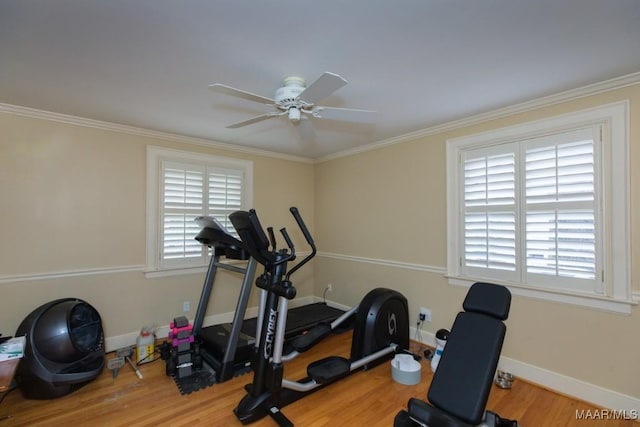 workout area featuring ornamental molding, wood finished floors, a ceiling fan, and baseboards