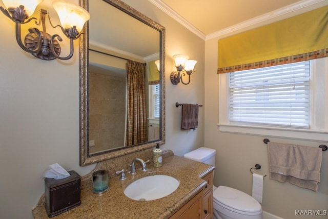 full bathroom featuring a shower with curtain, crown molding, vanity, and toilet