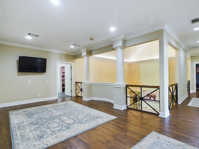 interior space featuring ornamental molding and dark wood-type flooring