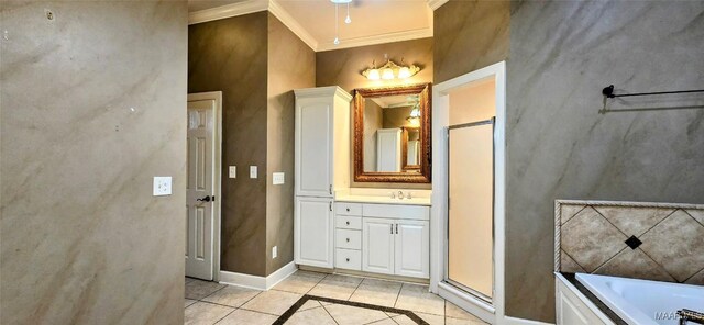 bathroom with tile patterned flooring, independent shower and bath, vanity, and ornamental molding