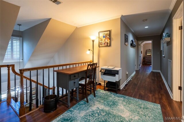 interior space featuring crown molding and dark hardwood / wood-style floors