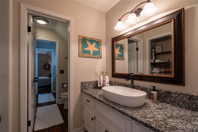 bathroom with hardwood / wood-style floors, vaulted ceiling, toilet, and vanity